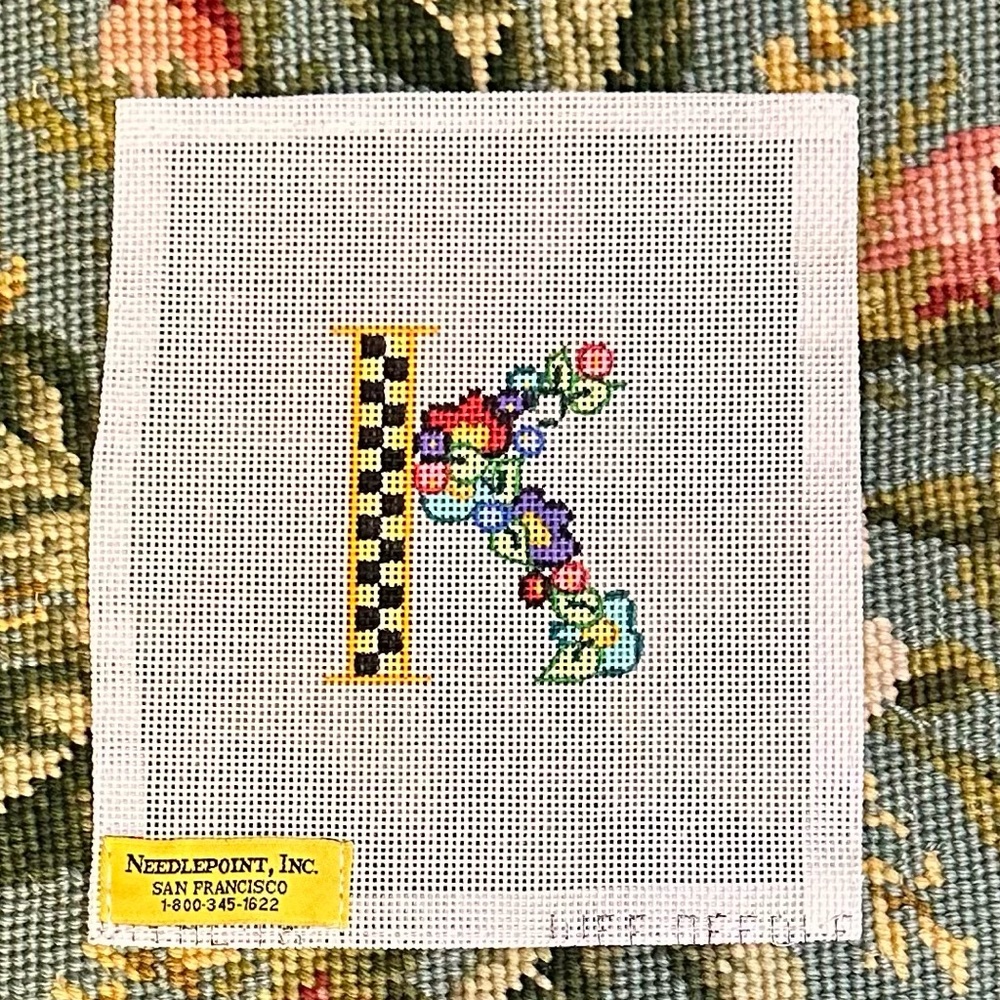 Vintage Wee Needle hand painted needlepoint canvas initial K.
